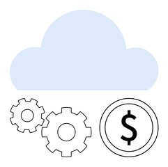 Cloud with gears and dollar coin indicating cloud services integration and cost efficiency. Ideal for business solutions, technology, finance, cloud computing, service optimization, process