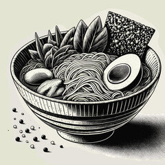 Detailed Ramen Bowl Woodblock Style Illustration in Black and White