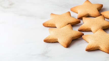 Pastel cookies concept. Delicious star-shaped cookies arranged on a marble surface, perfect for festive celebrations.