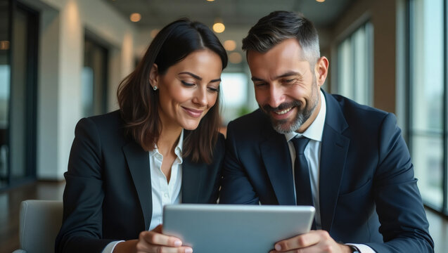 Business Partners Reviewing Data: A close-up shot of a professional couple, a man and a woman, in suits, examining a tablet together, showcasing collaboration and strategic planning.