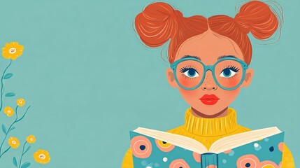Colorful portrait of a girl with glasses reading a book amidst floral background