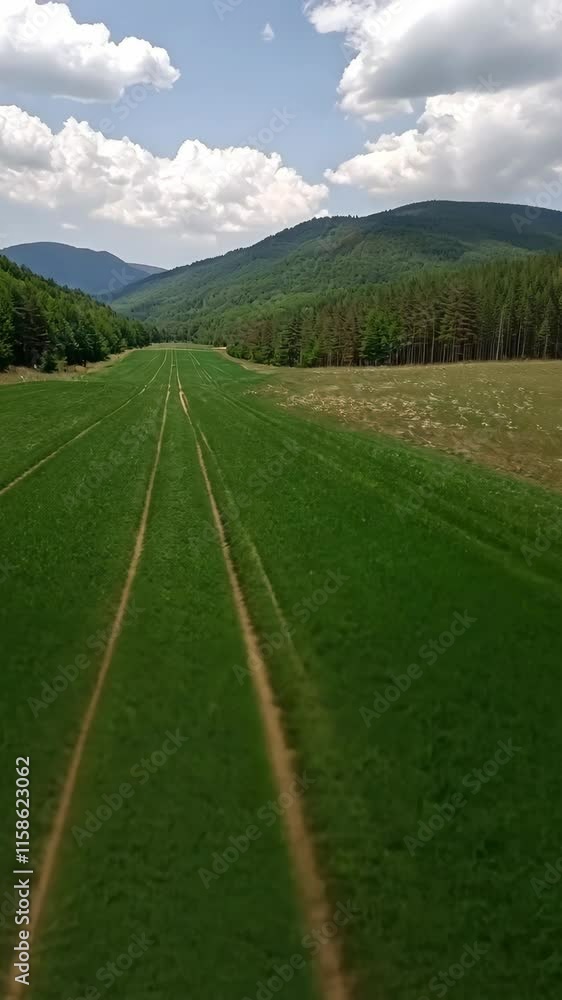 Poster Expansive green fields under a clear sky with distant mountains and tree lines in the background