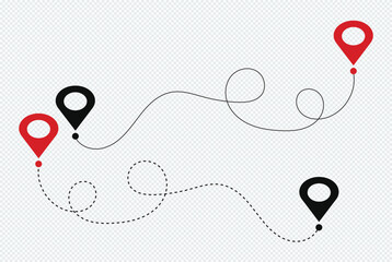 Location pins and connecting paths. Journey or route concept of start point and end point dash line.