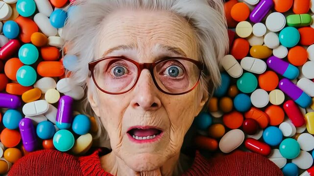 An older woman is laying on a bed with a pile of colorful pills around her. She is surprised or shocked by the sight of the pills