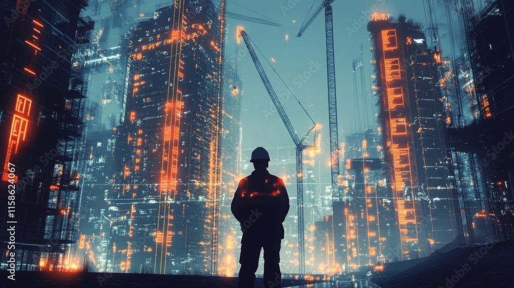 Leinwandbilder a silhouette of a worker stands in front of a futuristic building site, illuminated by glowing data 