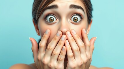 Close-up of a young woman with wide eyes and hands covering her mouth, expressing shock or surprise against a light blue background.