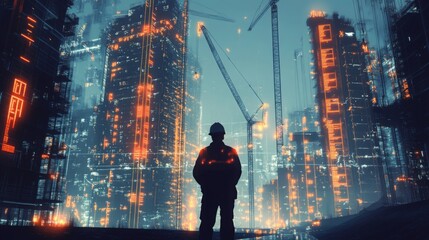 A silhouette of a worker stands in front of a futuristic building site, illuminated by glowing data points and construction cranes. The scene combines construction with ai technology in real estate.