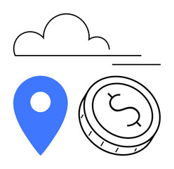 Cloud, location pin, and dollar coin representing cloud computing, geolocation services, and financial management. Ideal for tech, finance, apps, global trade logistics digital economy navigation