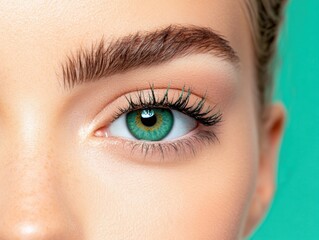 Obraz premium A close-up image of a beautiful female eye with vibrant green iris, detailed lashes, and natural makeup, set against a contrasting green background.