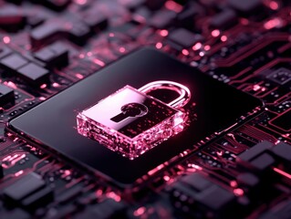 A glowing pink holographic padlock on a smartphone screen symbolizes digital security and data...