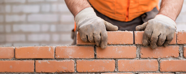 Worker making brick wall construction, copy space