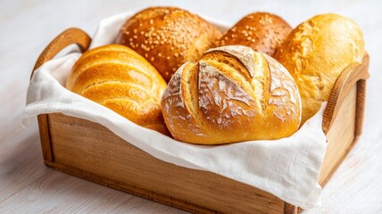 Freshly baked bread rolls in a wooden basket with a linen cloth.