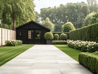 Fototapeta premium A well-maintained back garden with artificial grass, featuring a black garden shed, lined hedges, and blooming white flowers under a clear sky.