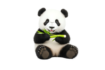 A cute panda sitting and holding a piece of bamboo, displaying its distinctive black and white fur.