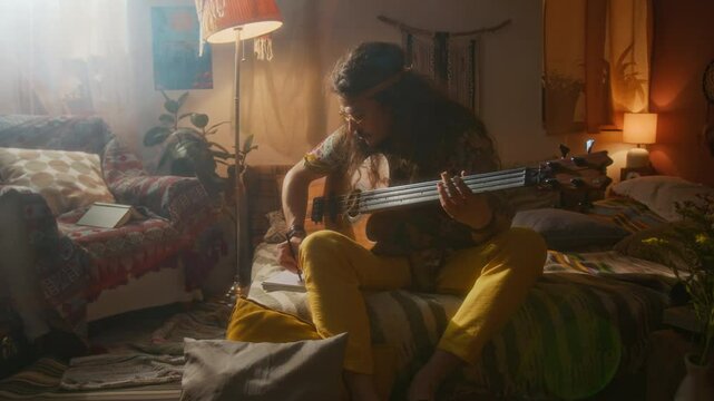 Full shot of busy young Caucasian hippie male musician sitting on bed in bohemian bedroom at home, playing chords on acoustic guitar, composing new song and writing it down on paper sheet
