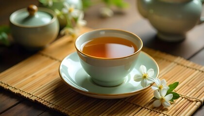 Fototapeta premium Traditional Asian-style tea set with jasmine tea served in a porcelain cup, surrounded by fresh jasmine flowers, resting on a bamboo mat. Stock photography 32K, UHD, Ultra HD quality, high quality