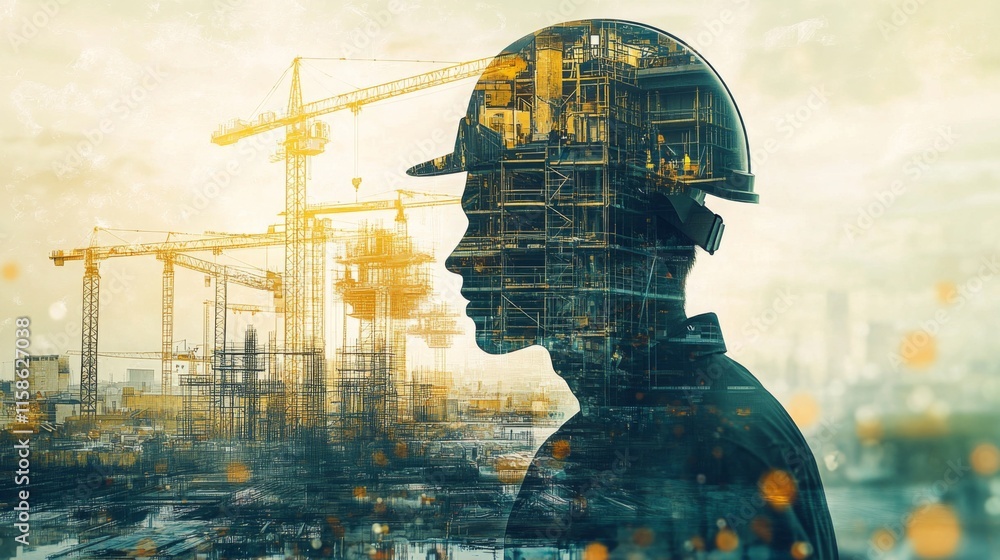 Poster Workers in construction wear safety helmets while new technologies and AI tools shape the future of real estate.
