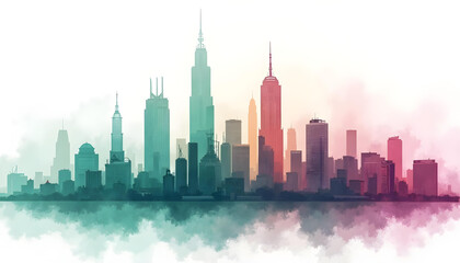 Fondo de skyline de una ciudad moderna en tonos pastel verdes y rosas. Estilo acuarela