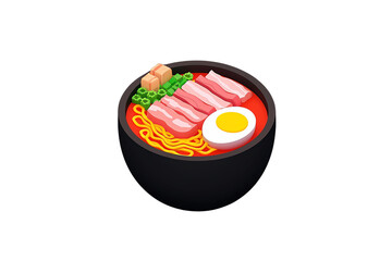 A vibrant bowl of ramen featuring noodles, slices of pork, an egg, and green onions arranged artistically.