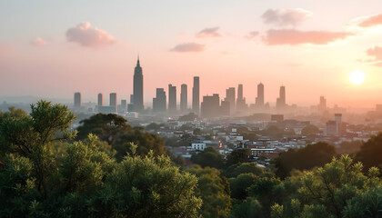 Fondo de skyline de una ciudad moderna en tonos pastel verdes y rosas. Ambiente niebla