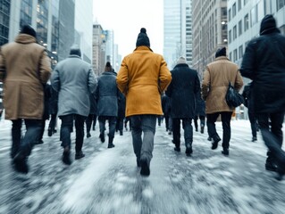 Obraz premium Crowd of people in winter coats walking through a snowy city street, with a focus on a person in a bright orange coat in the center.