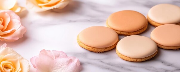 Obraz premium Pastel cookies idea. Delicate macarons on marble surface with pastel roses, perfect for celebrations and desserts.