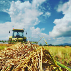 Close-up of golden rice stalks in a field with a tractor in the background