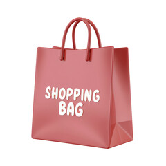 A 3D render of a cartoon-style shopping bag with a minimalist design. The bag is in the shape of a rectangle with a curved handle. There is a white text that says "SHOPPING BAG" on the front