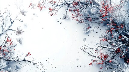Obraz premium Festive Winter Wonderland with Branches and Berries Framing a Serene Scene, Perfect for Christmas and Holiday Cards, Evoking Magical Moments and Seasonal Cheer