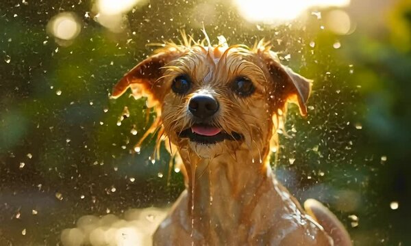 puppy playing with rainwater