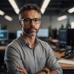 Fototapeta premium A professional looking at the camera, with a blurred background of a creative workspace