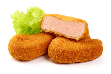 Crispy chicken fillet in bread crumbs, isolated on white background.