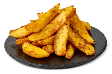 Homemade baked potato wedges, baked potatoes, isolated on white background.