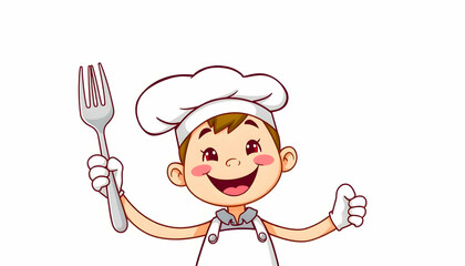 Naklejka premium Adorable Cartoon Chef Holding a Fork: A Delightful Culinary Illustration