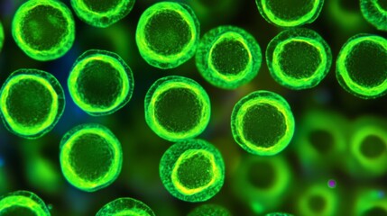 Green glowing cells under microscope reveal the intricate beauty of microscopic life, symbolizing the delicate balance and complexity of biological processes in nature.