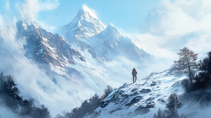 Adventurer Hiking Majestic Snowy Mountains