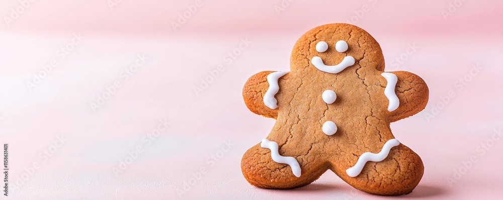 Poster pastel cookies concept. delicious gingerbread cookie with icing on a soft pink background.