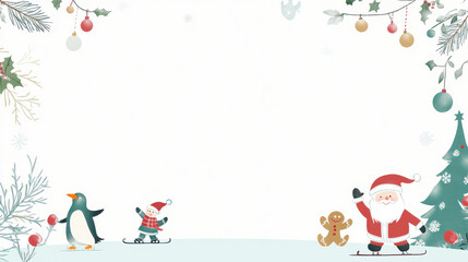 Fototapeta premium Santa Claus, Christmas Tree, Snowman, Penguin, Cartoonish Scene, Festive Greeting Card or Decoration