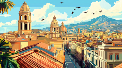 Obraz premium Illustration, Cityscape of Palermo in Sicily, Italy. Touristic advertisement poster. Promotional touristic poster. Beautiful city in Sicily. Must-see tourist travel destination.