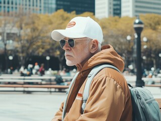An elderly man in sunglasses and a cap is outdoors, enjoying a sunny day, surrounded by trees and park benches in a bustling urban setting.