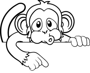 A monkey cartoon character animal peeking over a sign and pointing at it