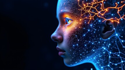Face representing artificial intelligence and human interaction depicted with glowing neural networks and intricate circuitry.