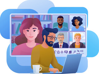A man, person, conference calling using a laptop computer on an online internet virtual video conference call team meeting. Conferencing concept cartoon illustration.
