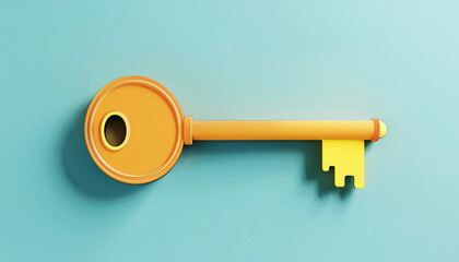3D illustration of a yellow key on a light blue background, symbolizing creativity, education, and unlocking potential, opportunities, or abstract concepts