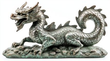Intricately Designed Bronze Dragon Sculpture with Detailed Scales and Fierce Expression on a Textured Base