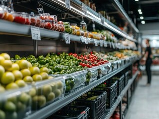 A person is choosing fresh produce at a grocery store, surrounded by colorful fruits and vegetables in a well-organized aisle.