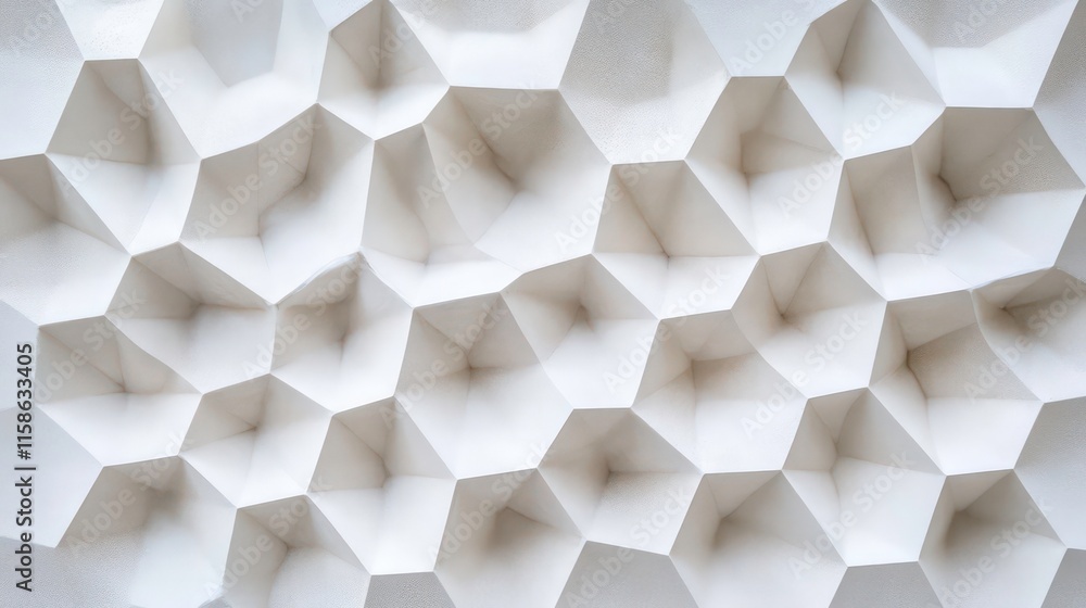 Poster abstract white geometric pattern, textured surface with 3d polygonal shapes, creating a complex and 