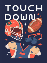 Poster on american football theme. Banner invitation to football match. Team game. Pattern with ball, referee whistle and helmet. Vector illustration in flat cartoon style.