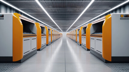 Modern industrial interior with orange and white machines