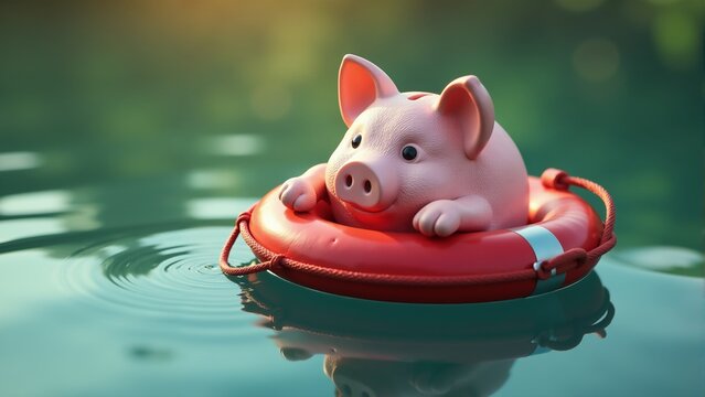 A charming pink piglet floats on a red lifebuoy in serene waters during a sunny afternoon